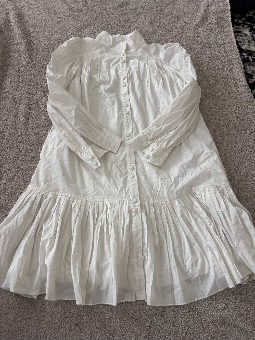 White Button-Front Long Sleeve Ruffle Hem Dress